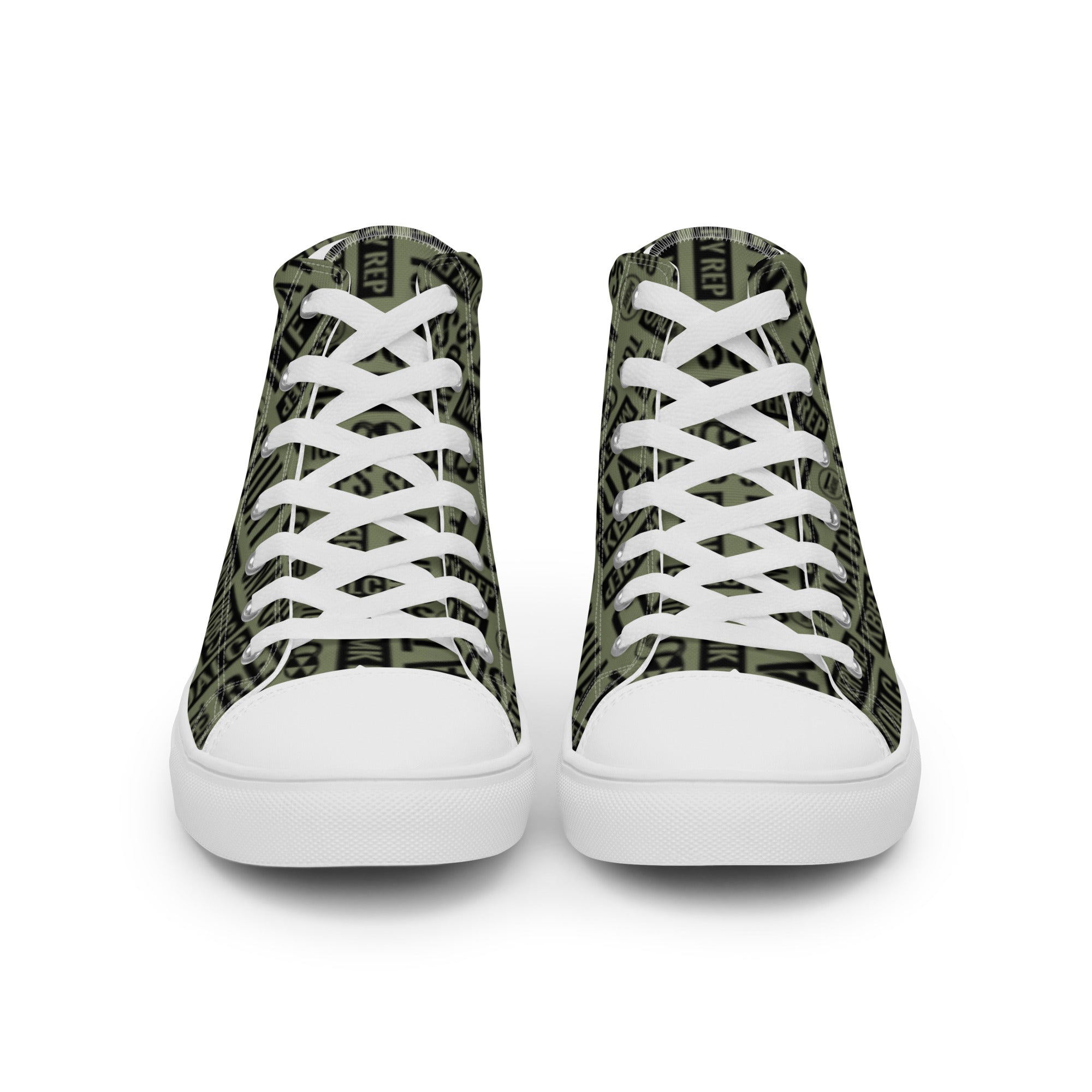 Men’s Military Green Acronyms White High Top Canvas Shoes