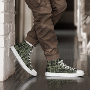 Men’s Military Green Acronyms White High Top Canvas Shoes