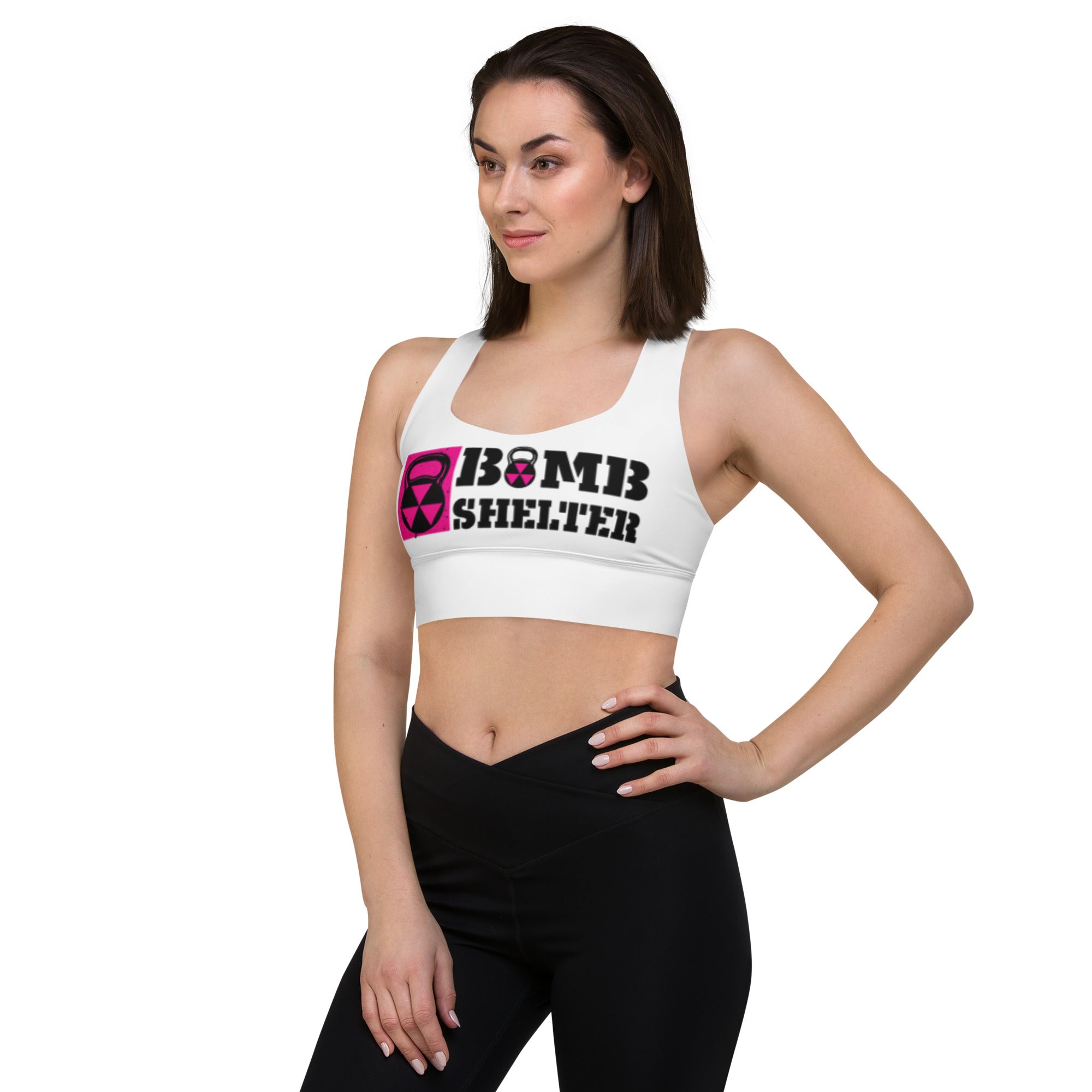 White Bomb Shelter Pink Logo Longline sports bra