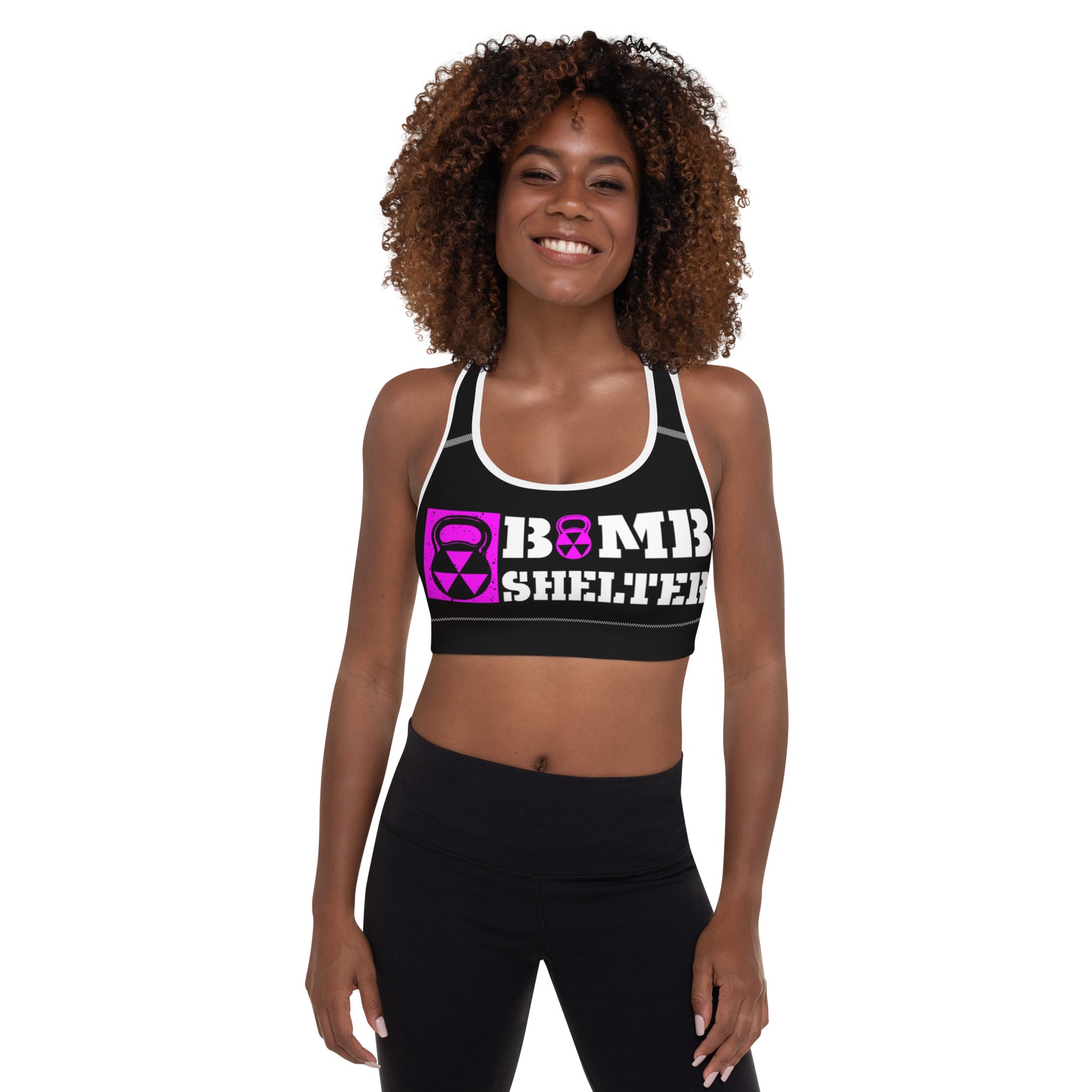Black, Pink And White Bomb Shelter Logo Sports Bra