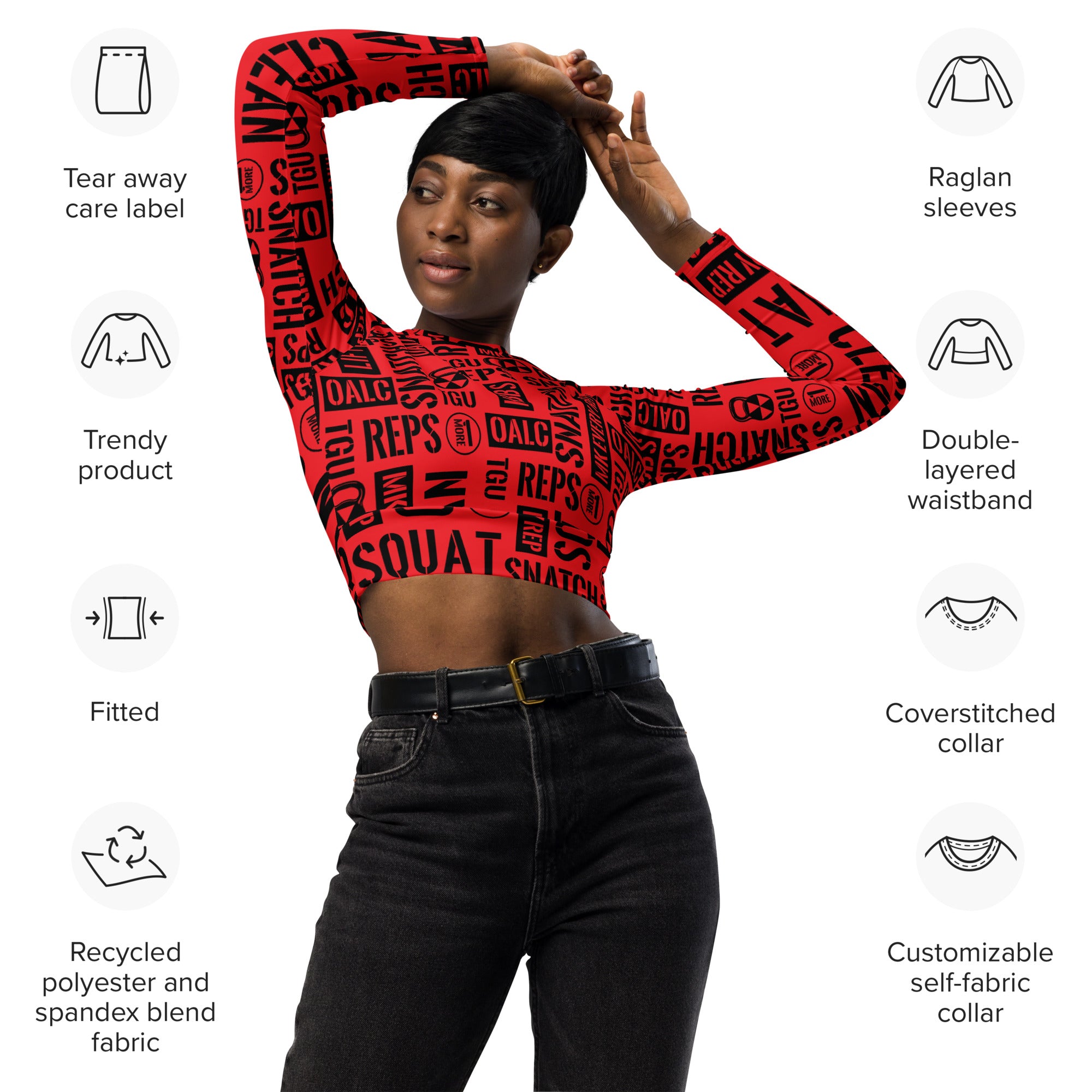 Red Acronyms Recycled long-sleeve crop top