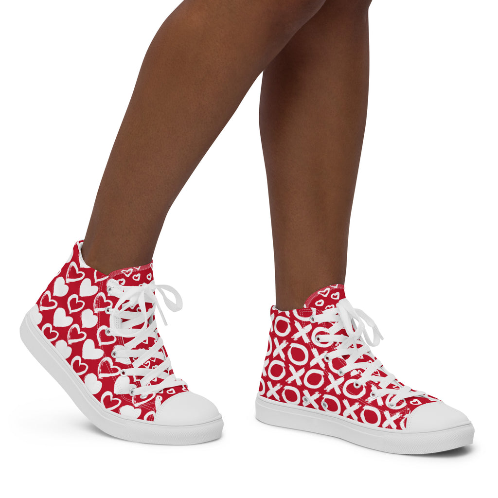 Red/White Love XO Women’s high top canvas shoes